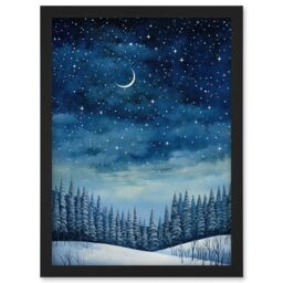 Artery8 Wall Art Print Clear Sky Starry Night in Forest Covered with Snow Oil Painting Crescent Moon Winter Landscape Artwork Framed A4 in Black - thumbnail 1