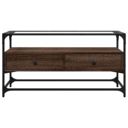 Berkfield Home TV Cabinet with Glass Top Brown Oak 98x35x51 cm Engineered Wood - Size: 98 x 35 x 51 cm - thumbnail 4