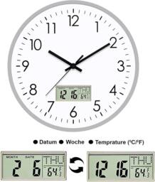 ATEK Large Wall Clock 12 Inch Round Modern Quartz Clocks Battery Operated in Silver - thumbnail 3