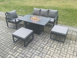 Fimous Aluminium 5 Pieces Garden Furniture Sofa Set with Cushions Gas Fire Pit Dining Table Set with 2 Big Footstools Dark Grey - thumbnail 1