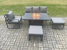 Fimous Aluminium 5 Pieces Garden Furniture Sofa Set with Cushions Gas Fire Pit Dining Table Set with 2 Big Footstools Dark Grey - thumbnail 2
