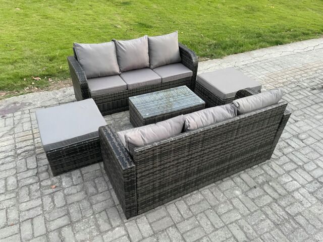 Fimous Outdoor Garden Furniture Sets 8 Seater Wicker Rattan Furniture Sofa Sets with Rectangular Coffee Table 3 Seater Sofa 2 Big Footstool - image 1