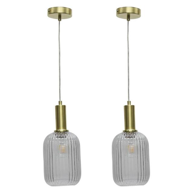 First Choice Lighting Set of 2 Batley - Clear Ribbed Glass Satin Brass Deco Pendant Fittings - image 1