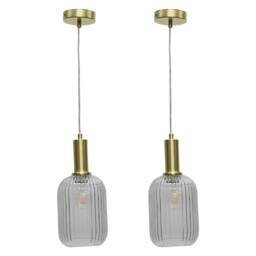 First Choice Lighting Set of 2 Batley - Clear Ribbed Glass Satin Brass Deco Pendant Fittings - thumbnail 1