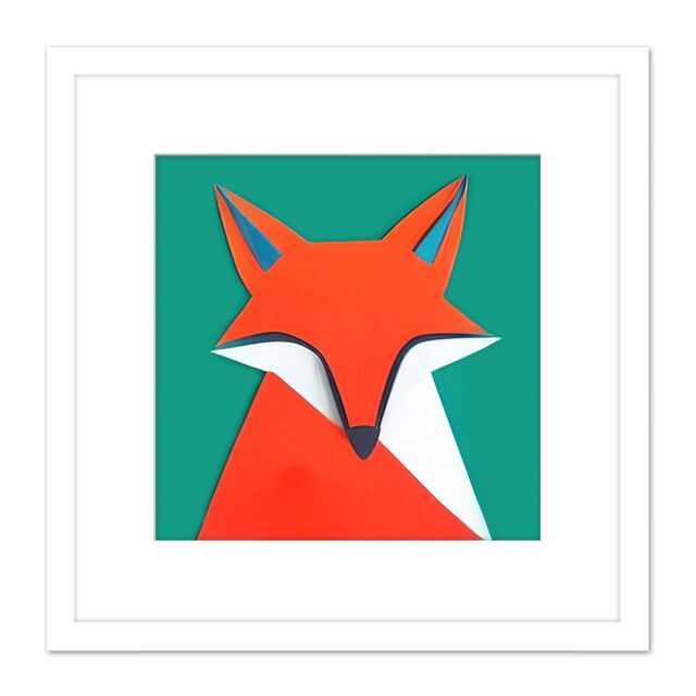 Artery8 Abstract Portrait Fox Orange On Green Geometric Illustration Square Wooden Framed Wall Art Print Picture 8X8 Inch in White - image 1