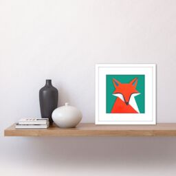 Artery8 Abstract Portrait Fox Orange On Green Geometric Illustration Square Wooden Framed Wall Art Print Picture 8X8 Inch in White - thumbnail 2