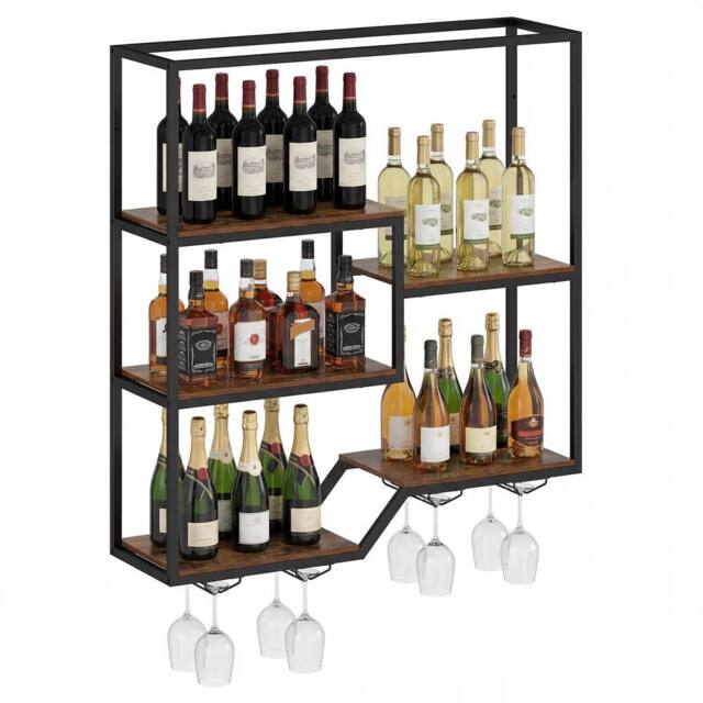 Costway Wine Rack Wall Mounted 5-Tier Wine Display Shelf w/ Glass Holders in Brown - image 1