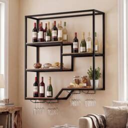 Costway Wine Rack Wall Mounted 5-Tier Wine Display Shelf w/ Glass Holders in Brown - thumbnail 8
