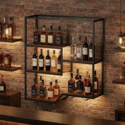 Costway Wine Rack Wall Mounted 5-Tier Wine Display Shelf w/ Glass Holders in Brown - thumbnail 4