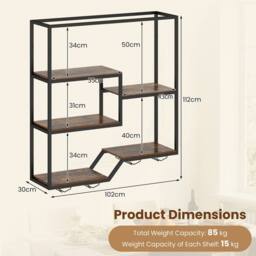 Costway Wine Rack Wall Mounted 5-Tier Wine Display Shelf w/ Glass Holders in Brown - thumbnail 2