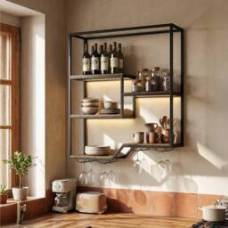 Costway Wine Rack Wall Mounted 5-Tier Wine Display Shelf w/ Glass Holders in Brown - thumbnail 7