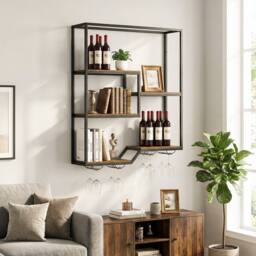 Costway Wine Rack Wall Mounted 5-Tier Wine Display Shelf w/ Glass Holders in Brown - thumbnail 5