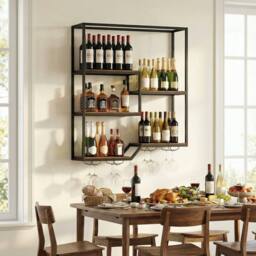 Costway Wine Rack Wall Mounted 5-Tier Wine Display Shelf w/ Glass Holders in Brown - thumbnail 3