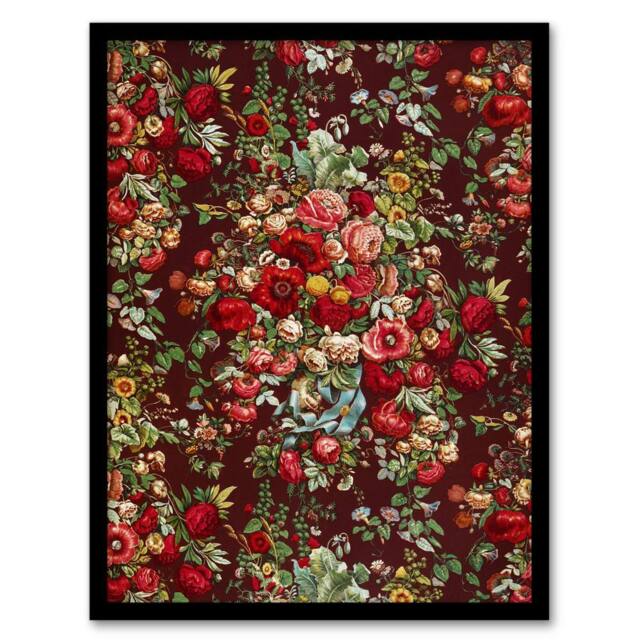 Artery8 Vintage Floral Chintz Pattern Wyatt Framed Wall Art Print in Red - Size: A4 - image 1