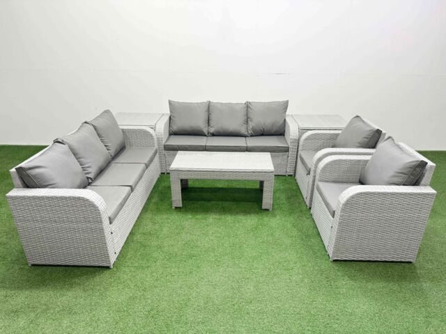Fimous PE Rattan High Back Lounge Sofa Set Patio Oblong Coffee Table & Chairs Set with 3 Seater Sofa Reclining Chair 2 Side Table Light Grey - image 1