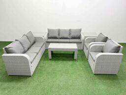 Fimous PE Rattan High Back Lounge Sofa Set Patio Oblong Coffee Table & Chairs Set with 3 Seater Sofa Reclining Chair 2 Side Table Light Grey - thumbnail 2