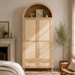 Merax Arched Double Door Wardrobe with 2 Rattan Effect Drawers in Natural - thumbnail 2
