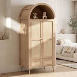 Merax Arched Double Door Wardrobe with 2 Rattan Effect Drawers in Natural - thumbnail 4