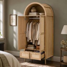 Merax Arched Double Door Wardrobe with 2 Rattan Effect Drawers in Natural