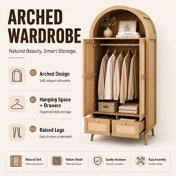 Merax Arched Double Door Wardrobe with 2 Rattan Effect Drawers in Natural - thumbnail 8