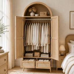 Merax Arched Double Door Wardrobe with 2 Rattan Effect Drawers in Natural - thumbnail 3