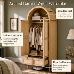 Merax Arched Double Door Wardrobe with 2 Rattan Effect Drawers in Natural - thumbnail 6