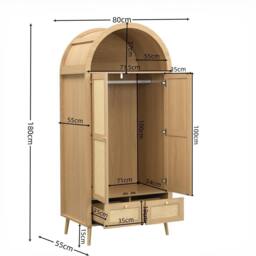 Merax Arched Double Door Wardrobe with 2 Rattan Effect Drawers in Natural - thumbnail 5