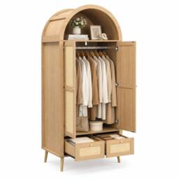 Merax Arched Double Door Wardrobe with 2 Rattan Effect Drawers in Natural - thumbnail 9