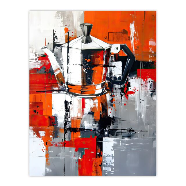 "Artery8 Moka Coffee Pot Abstract Orange Grey Painting Wall Art Print - Size: W24"" x H32""" - image 1
