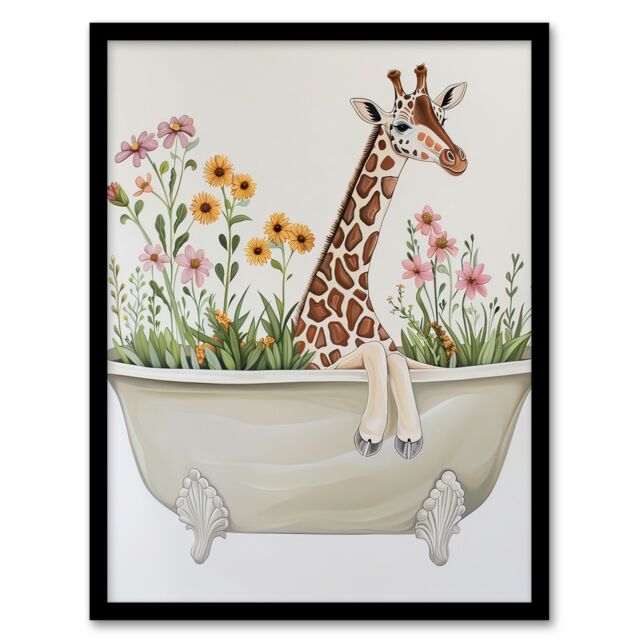 "Artery8 Cute Boho Giraffe in Bathtub Filled with Flowers Framed Art Print in Beige - Size: W12"" x H16""" - image 1