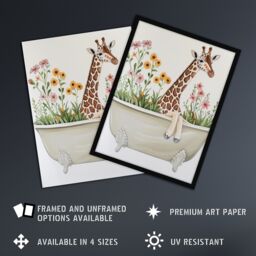 "Artery8 Cute Boho Giraffe in Bathtub Filled with Flowers Framed Art Print in Beige - Size: W12"" x H16""" - thumbnail 2