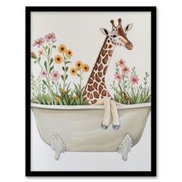 "Artery8 Cute Boho Giraffe in Bathtub Filled with Flowers Framed Art Print in Beige - Size: W12"" x H16""" - thumbnail 1