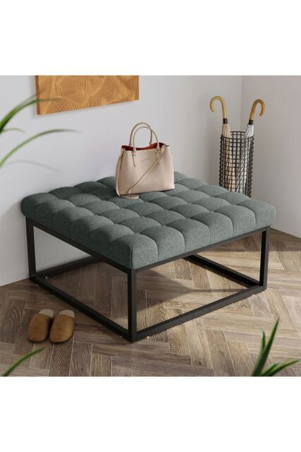 Living and Home Square Linen Footstool with Metal Frame in Grey - image 1