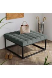 Living and Home Square Linen Footstool with Metal Frame in Grey