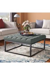 Living and Home Square Linen Footstool with Metal Frame in Grey - thumbnail 2