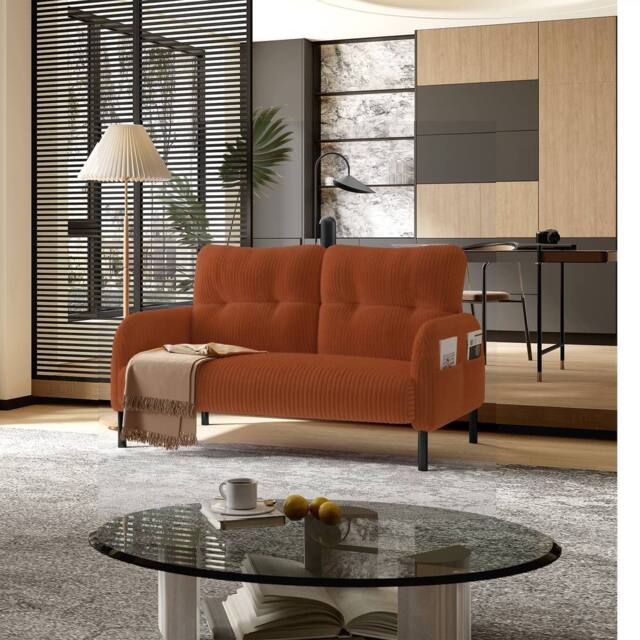Direct Wicker Corduroy Two-Seater Sofa, Soft Loveseat for Living Room, Velvet Fabric in Orange - Size: 1 Pack