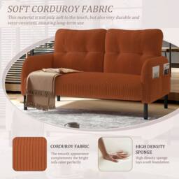 Direct Wicker Corduroy Two-Seater Sofa, Soft Loveseat for Living Room, Velvet Fabric in Orange - Size: 1 Pack - thumbnail 4