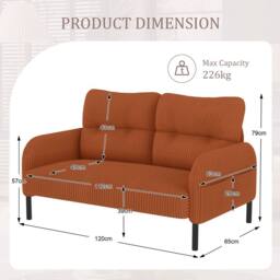 Direct Wicker Corduroy Two-Seater Sofa, Soft Loveseat for Living Room, Velvet Fabric in Orange - Size: 1 Pack - thumbnail 2