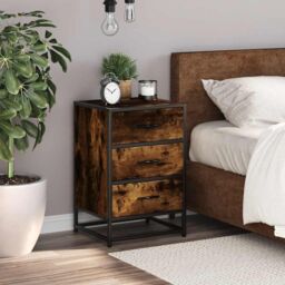 Berkfield Home Bedside Cabinet Smoked Oak 40x34.5x60 cm Engineered Wood & Metal in Brown - thumbnail 3