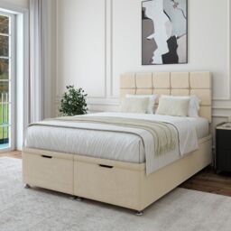 Bedmaster Luxury Velvet Ottoman Divan Base & Square Headboard in Natural - Size: Double - thumbnail 2