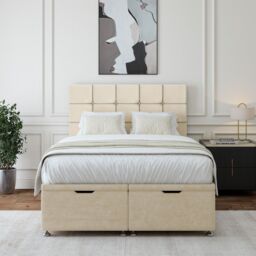 Bedmaster Luxury Velvet Ottoman Divan Base & Square Headboard in Natural - Size: Double - thumbnail 1