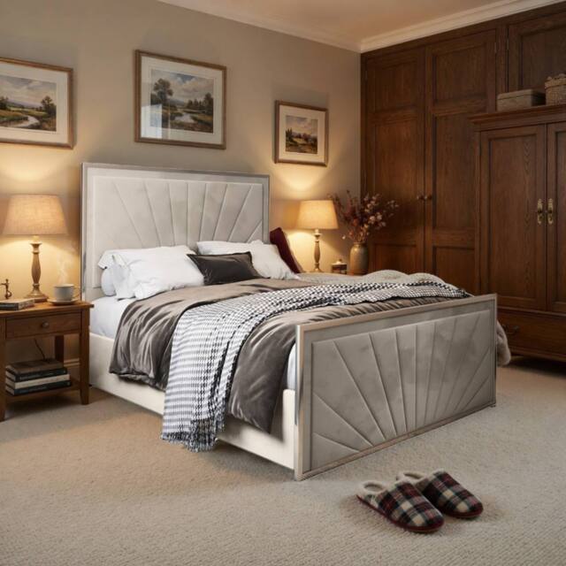 Casani Southborough Upholstered Soft Velvet Beige Metal Designer Bed Frame in Cream - Size: Double - image 1