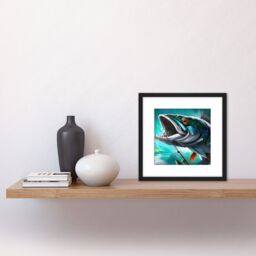 Artery8 Angler Large Game Catch Fish Fishing Rod Blue Green Orange Intense Painting Square Wooden Framed Wall Art Print Picture 8X8 Inch in Black - thumbnail 2