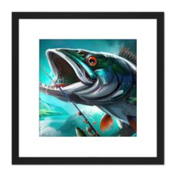 Artery8 Angler Large Game Catch Fish Fishing Rod Blue Green Orange Intense Painting Square Wooden Framed Wall Art Print Picture 8X8 Inch in Black - thumbnail 1