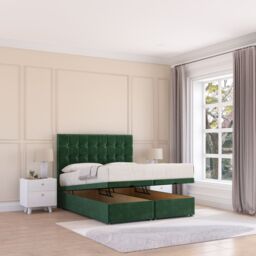 Sloomy Alabama Plush Fabric Ottoman Bed End Opening With Sprung Memory Mattress & 26 Inch Headboard in Emerald - Size: Double - thumbnail 2