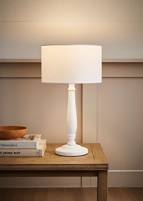 ValueLights Victoria White Wood Traditional Stem Table Lamp with Fabric Drum Shade - image 1