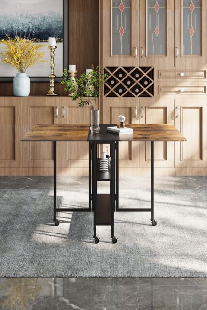 Living and Home Folding Dining Table with Wheels and Storage Shelves in Brown - image 1