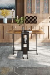 Living and Home Folding Dining Table with Wheels and Storage Shelves in Brown - thumbnail 1
