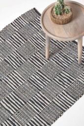 Homescapes Real Leather Handwoven Striped Block Check Rug - Size: 150 cm x 240 cm