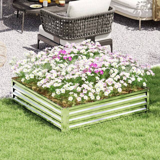 OUTSUNNY Raised Garden Bed Metal Patio Backyard Flower Planter, Silver Tone - image 1